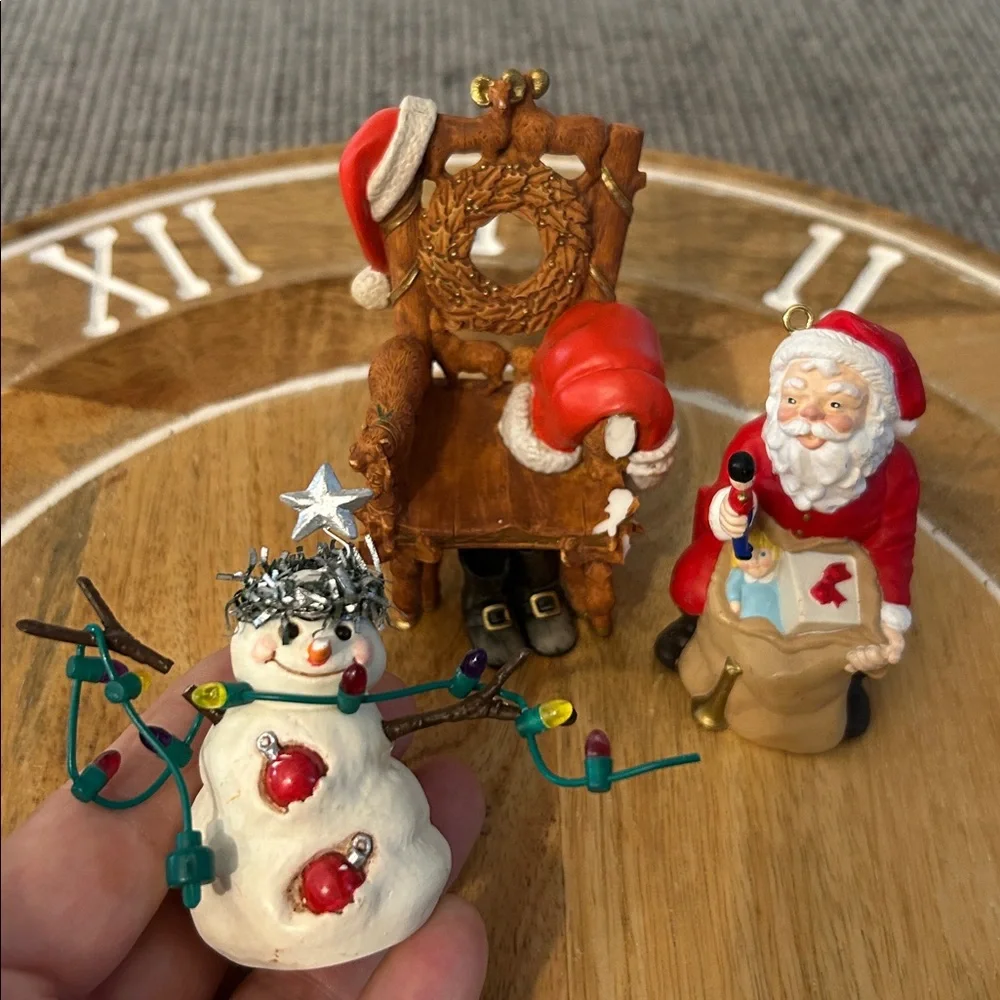 Hallmark Christmas tree ornament trio: 1991 Santa, 2000 chair, 2001 snowman